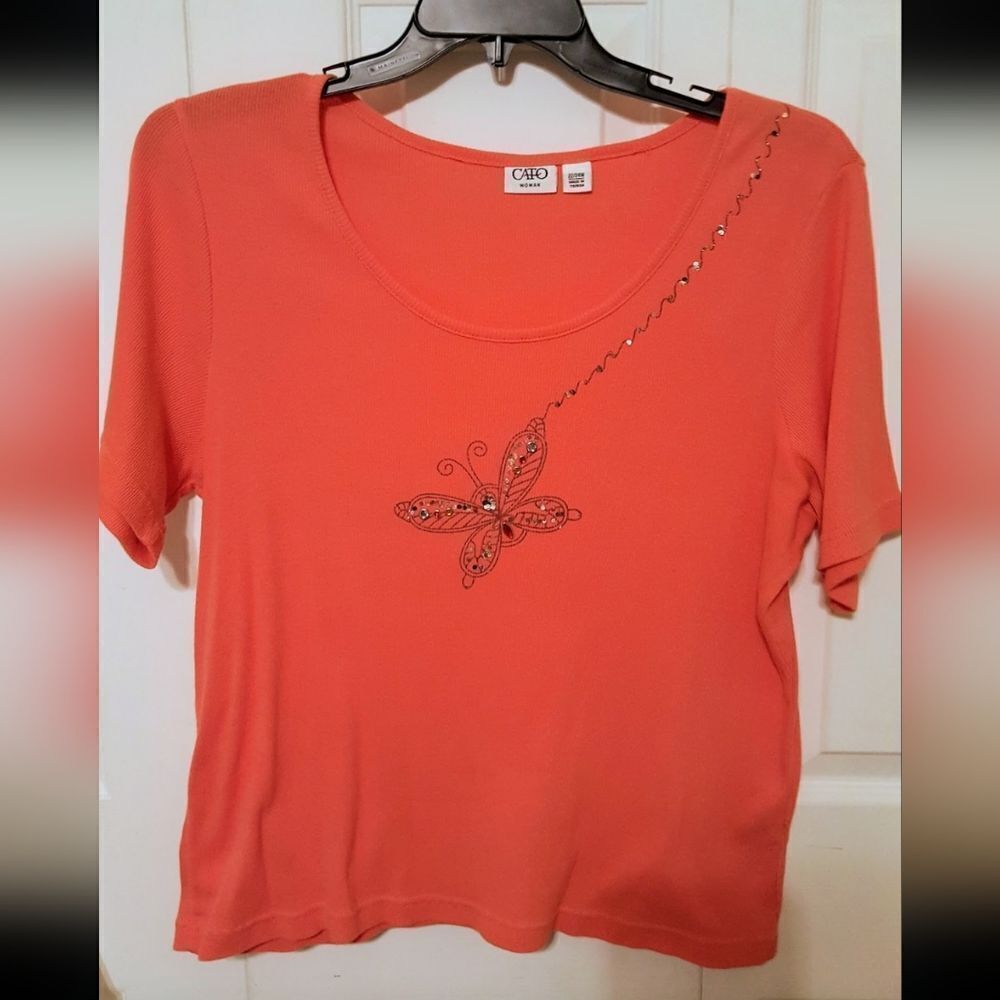 #446 CATO Orange Top with Embroidered butterfly,Sz. 3X